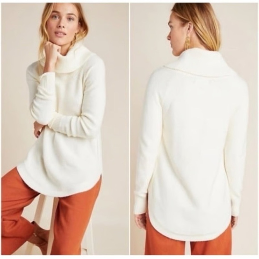 By Anthropologie Brenta Cowl Neck Sweater Curved Hem Cream Size Small